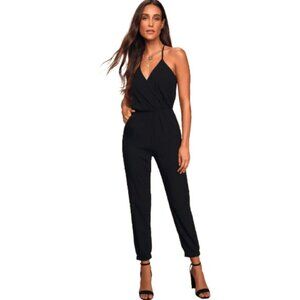 Women's L NWT Lulus Learning to Fly Black Halter Jumpsuit